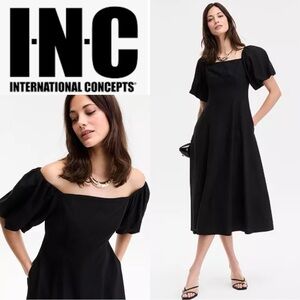 INC INTERNATIONAL CONCEPTS BLACK LINEN BLEND PUFF SLEEVE DRESS ON/OFF SHOULDER